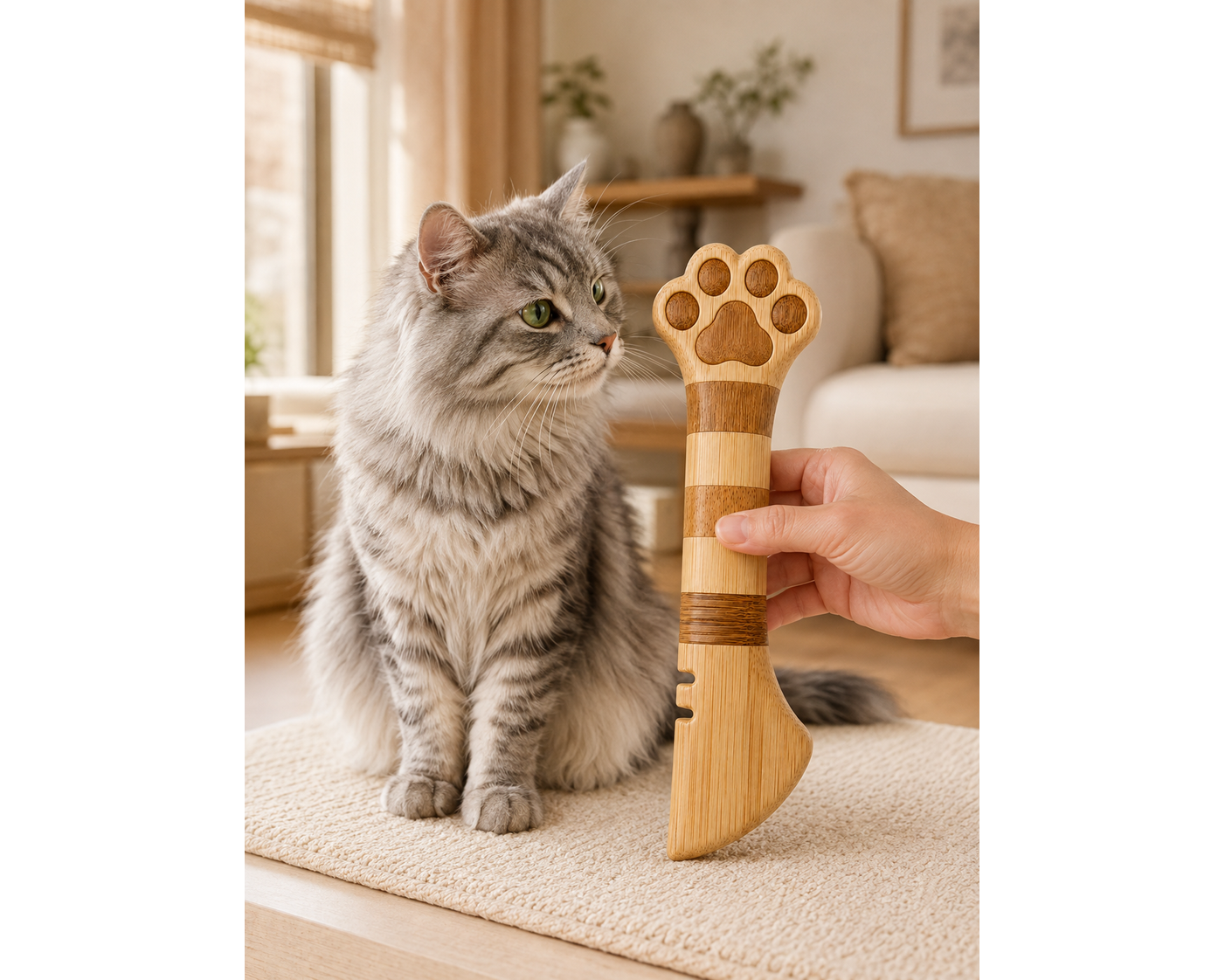 Wooden Cat Grooming Comb – Paw Shaped Bamboo Pet Grooming Comb for Cats and Small Pets