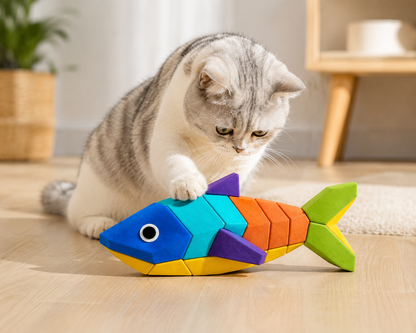 Colorful Wooden Fish Puzzle Cat Toy – Interactive Wooden Fish Shaped Puzzle Toy for Cats and Kittens