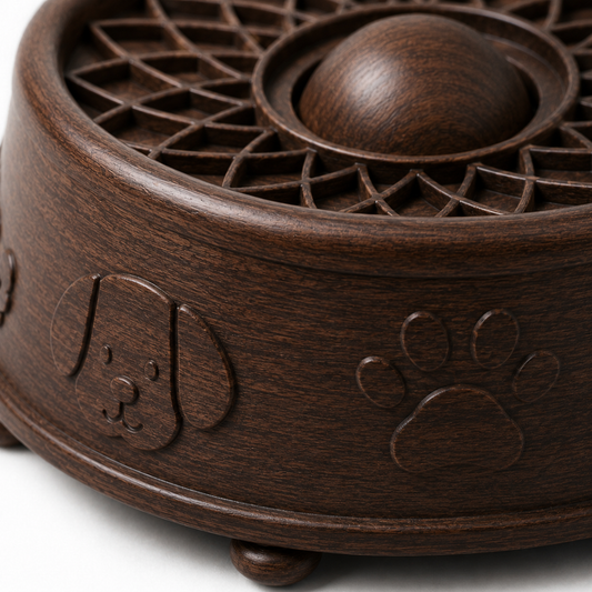Wooden Slow Feeder Pet Bowl – Elevated Maze Feeding Bowl for Dogs and Cats with Stable Raised Base